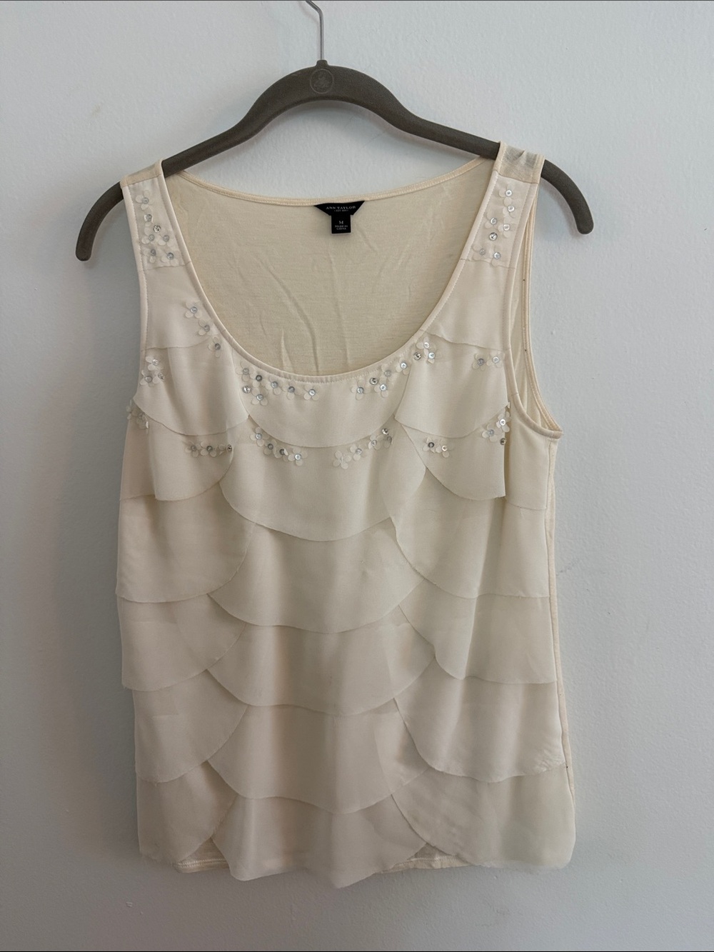Ann Taylor Cream Scalloped Sequin Tank Top